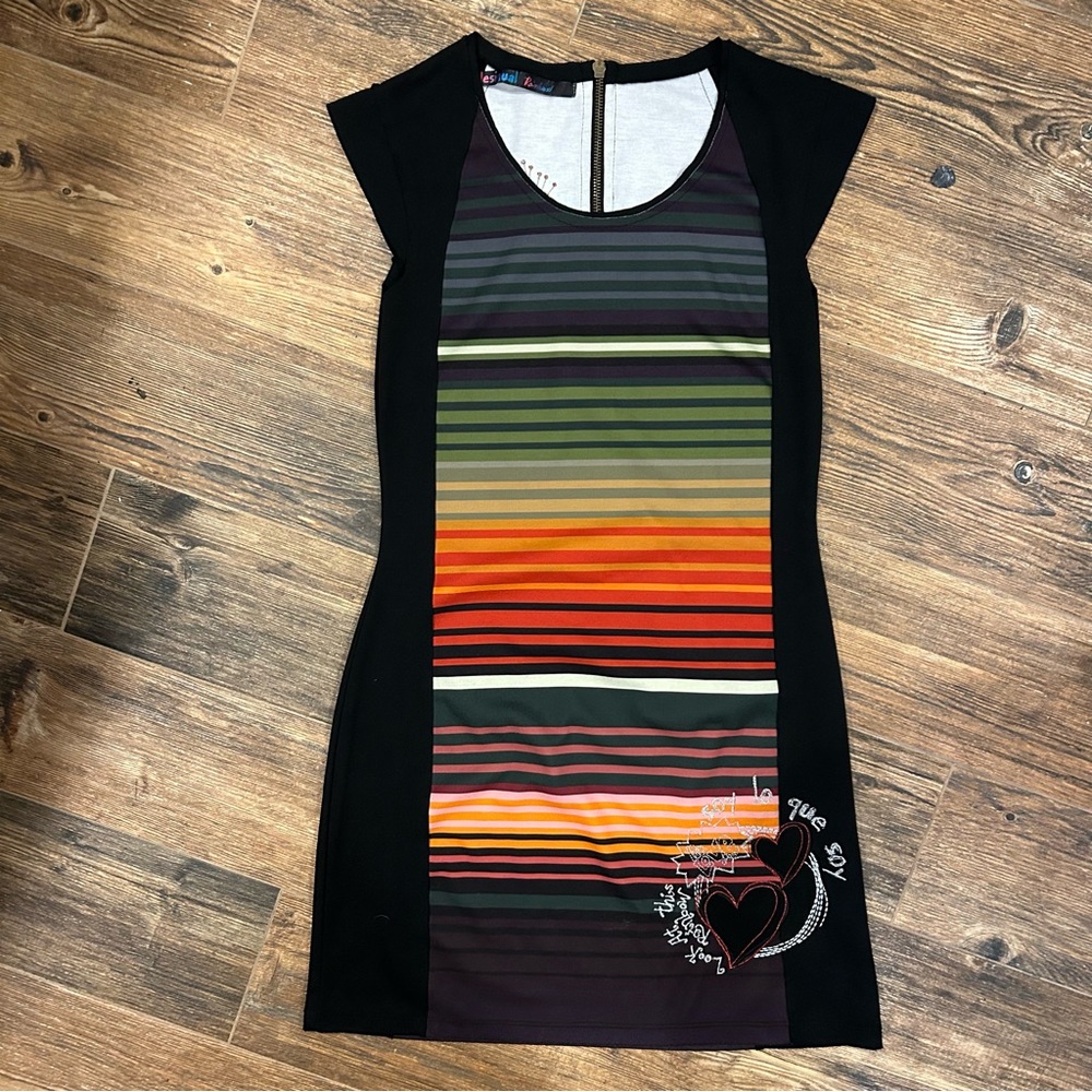 Desigual Rainbow Striped Bodycon Dress — Embroidered Hearts | Size XS/S